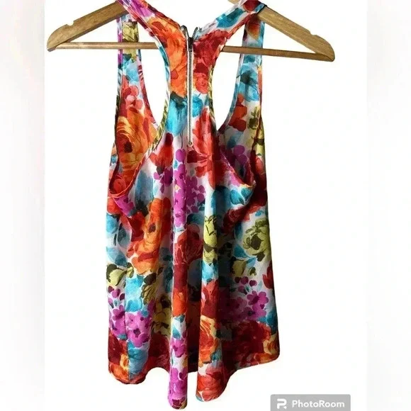 6.$20. U2B FLORAL TANK TOP BACK zipper tropical Bahamas boho vacation - Picture 3 of 4
